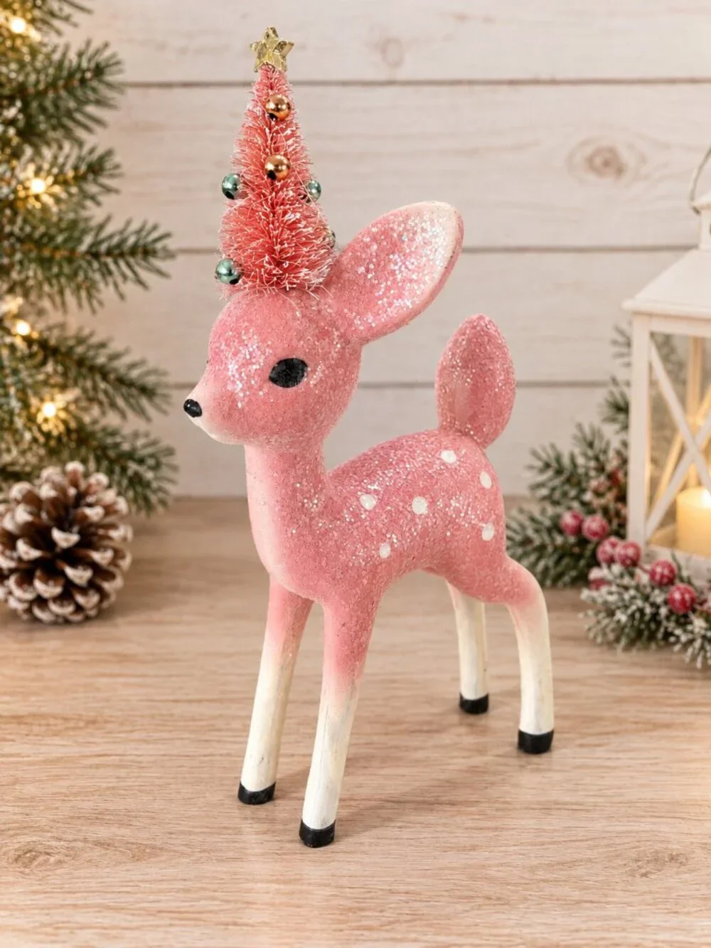 Pink Glitter Christmas Deer Figurine Bottle Brush Tree Hat 12” Holiday Decor